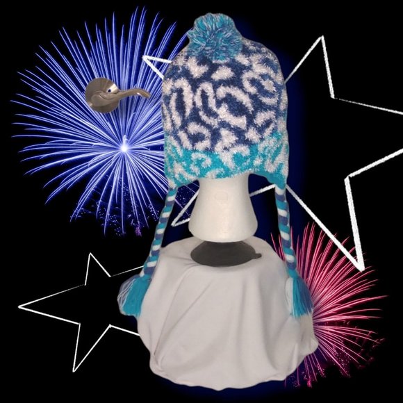 Girls Multi Blues & White Lined Beanie Hat with Braided Ties and Pompom - Picture 7 of 8